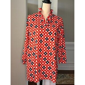 Haley and the Hound Long Sleeve Ruffle Neck Tunic Top Re/Blue Cirlces Sz L
